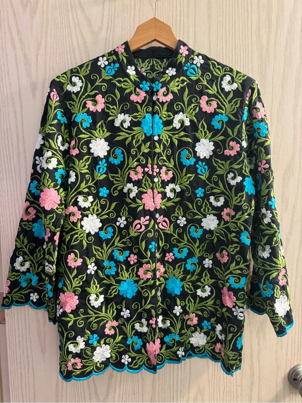 Embroidered Floral Black Jacket with Pink, Blue & White Accents